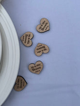 Load image into Gallery viewer, Wooden Love Heart Table Decorations Personalised Wedding Confetti Mr Mrs with date Valentines Day