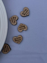 Load image into Gallery viewer, Wooden Love Heart Table Decorations Personalised Wedding Confetti Mr Mrs with date Valentines Day
