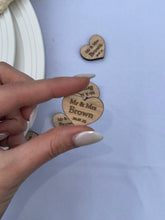 Load image into Gallery viewer, Wooden Love Heart Table Decorations Personalised Wedding Confetti Mr Mrs with date Valentines Day