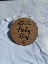 Load image into Gallery viewer, He's/She's Here Wooden Disc, Gender Reveal, Baby Arrival, Social Media Photo Prop, New Mum, We are having a baby boy baby girl