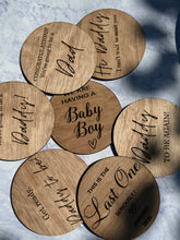 Load image into Gallery viewer, He's/She's Here Wooden Disc, Gender Reveal, Baby Arrival, Social Media Photo Prop, New Mum, We are having a baby boy baby girl