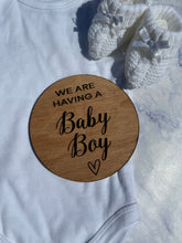 Load image into Gallery viewer, He&#39;s/She&#39;s Here Wooden Disc, Gender Reveal, Baby Arrival, Social Media Photo Prop, New Mum, We are having a baby boy baby girl
