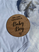 Load image into Gallery viewer, He&#39;s/She&#39;s Here Wooden Disc, Gender Reveal, Baby Arrival, Social Media Photo Prop, New Mum, We are having a baby boy baby girl
