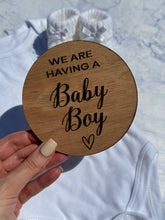 Load image into Gallery viewer, He&#39;s/She&#39;s Here Wooden Disc, Gender Reveal, Baby Arrival, Social Media Photo Prop, New Mum, We are having a baby boy baby girl
