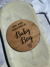 Load image into Gallery viewer, He&#39;s/She&#39;s Here Wooden Disc, Gender Reveal, Baby Arrival, Social Media Photo Prop, New Mum, We are having a baby boy baby girl
