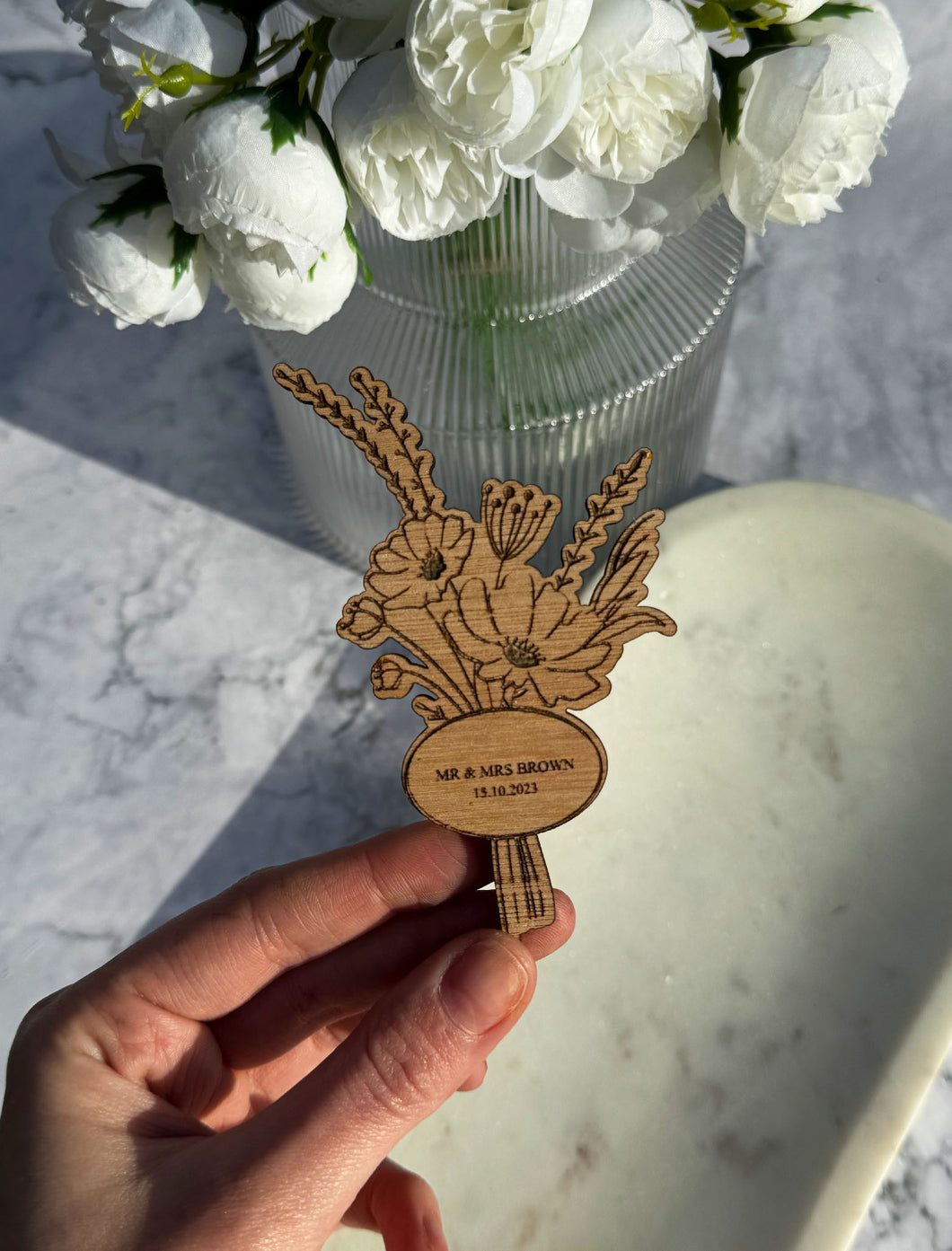 Engraved Floral Wooden Favours for Wedding Guests - Unique Mr & Mrs Keepsakes